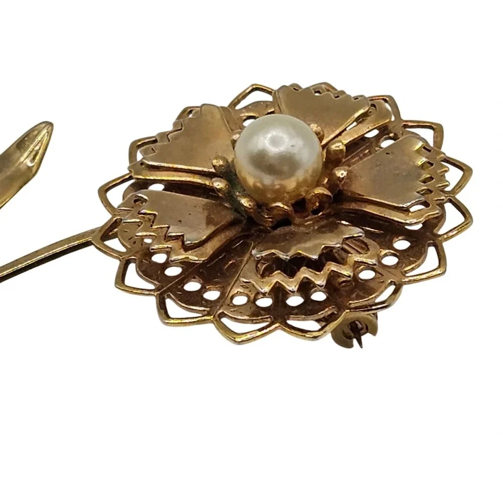 Vtg Brooch Lot 2pc Gold Tone Faux Pearl Statement 2.5
